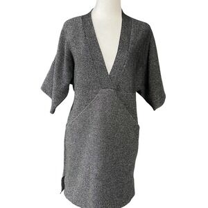 Zara Knit Sweater Womens Medium Gray Tunic Short Sleeve Deep V Pockets Modern